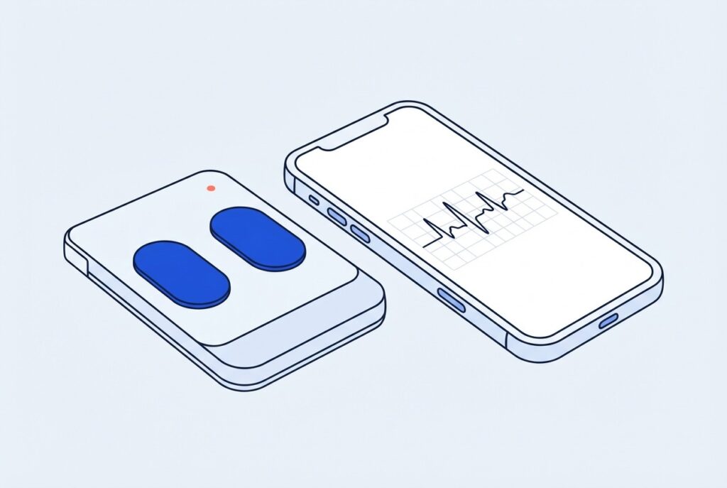 Boîtier ECG de poche à côté d'un smartphone