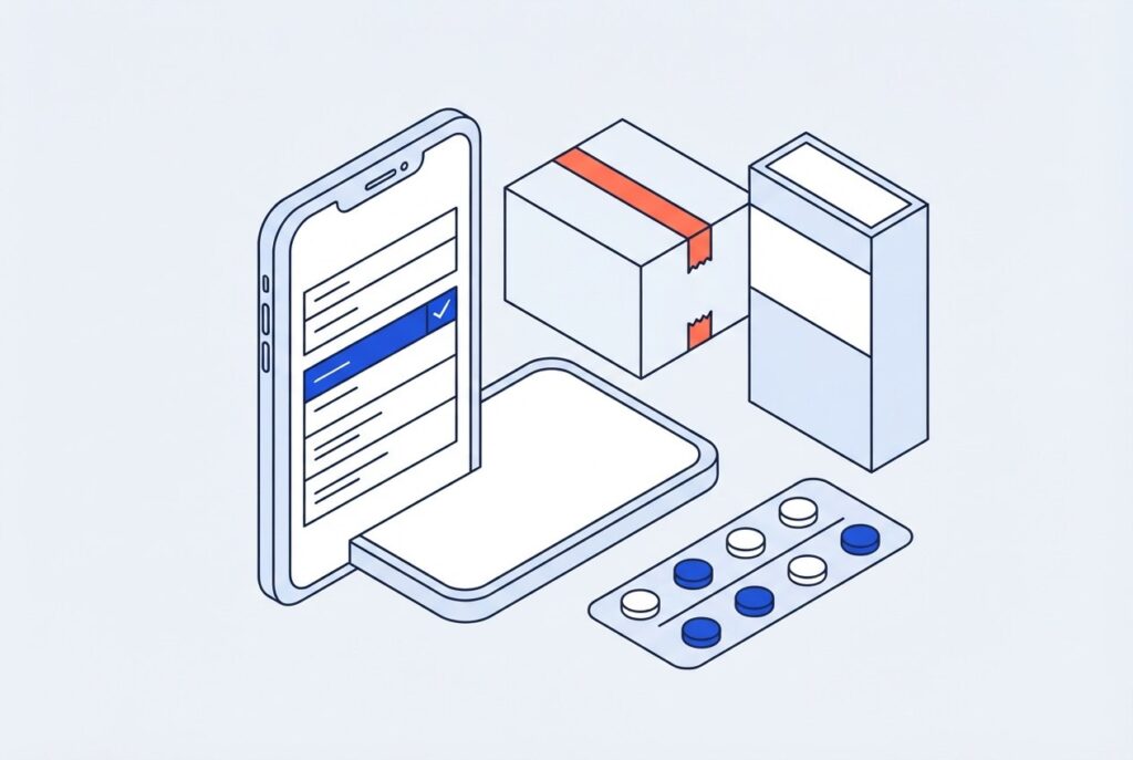Pharmacie en ligne : smartphone, colis et médicaments