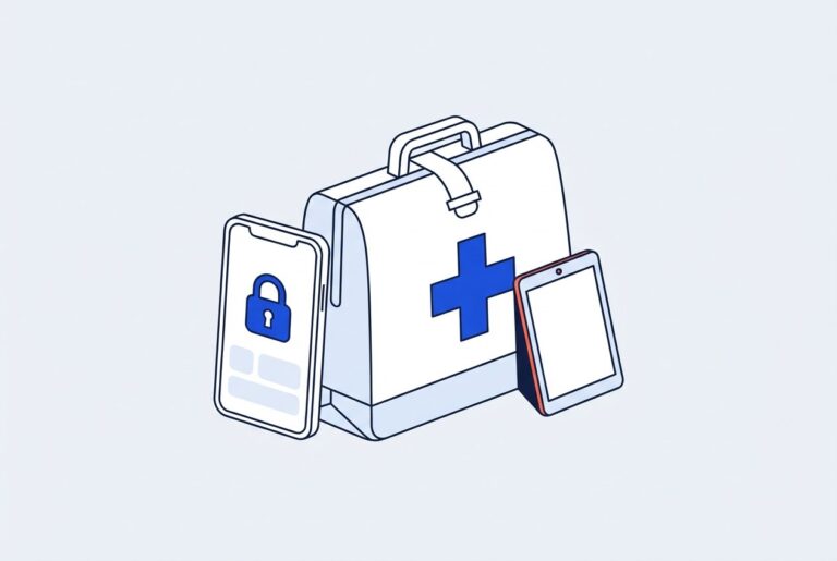 Sacoche de soins, smartphone verrouillé et tablette