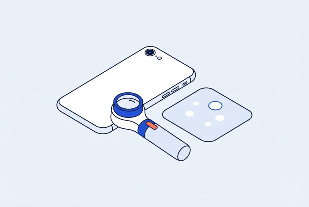 Smartphone, dermatoscope et plaque de peau schématisée
