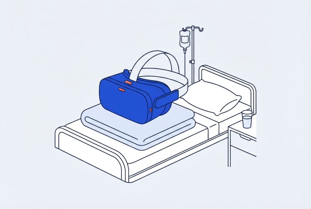 Casque de réalité virtuelle posé sur un lit d'hôpital