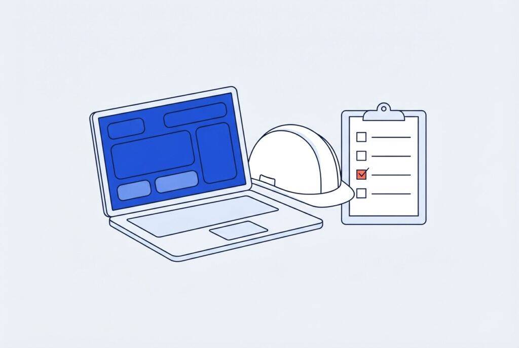 Ordinateur, casque de chantier et liste de contrôle