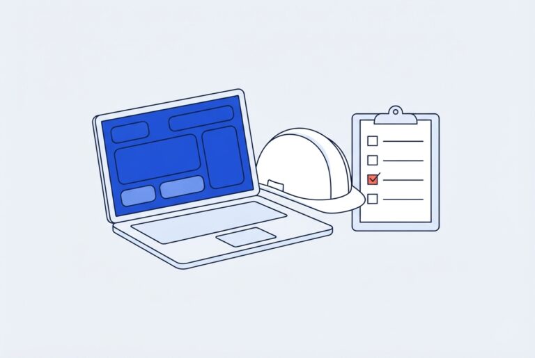 Ordinateur, casque de chantier et liste de contrôle