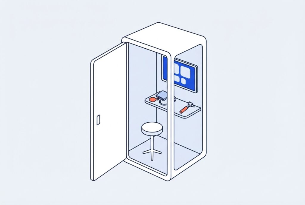 Cabine de téléconsultation assistée avec tensiomètre et otoscope